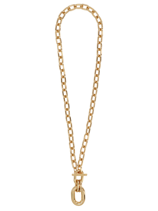 Necklace by Paco Rabanne for women in alpaca wool & polyamide gold showcases a dynamic silhouette, artfully highlighting the pendant necklace design from the Women's Aluminium Gold Necklace collection for a dynamic aesthetic.