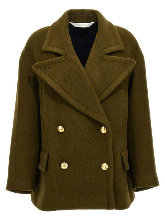 Trench Coat by Palm Angels for women in polyamide & virgin wool bicolour, gold & green presents a distinguished silhouette, artfully detailed with and a distinguished double-breasted neckline for a sophisticated, distinguished finish.
