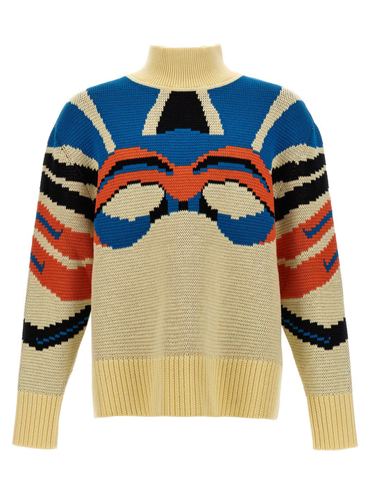 Cardigan by Bluemarble for men in virgin wool multicolor & jacquard features a dramatic silhouette, showcasing a sophisticated high-neck neckline and dramatic detail for a timeless, premium look.