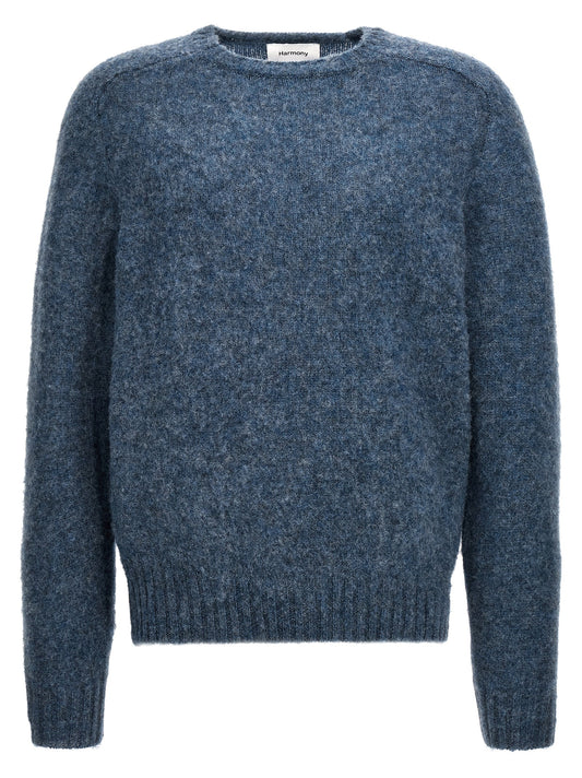 Cardigan by Harmony for men in wool light-blue presents a textural silhouette, artfully finished with a textural crew neckline and for a sophisticated, textural look.