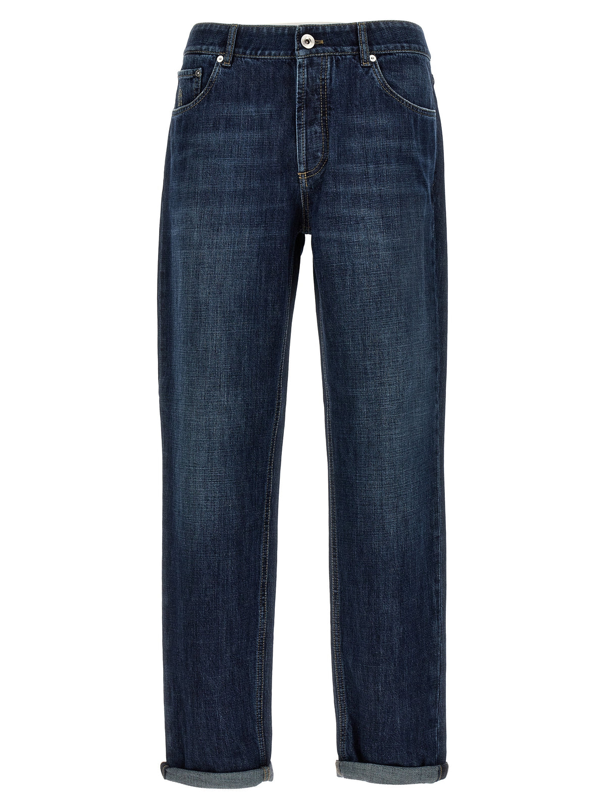 Jeans by Brunello Cucinelli for men in cotton denim blue features a polished silhouette with a polished straight-leg, reaching a polished long and finished with a polished .