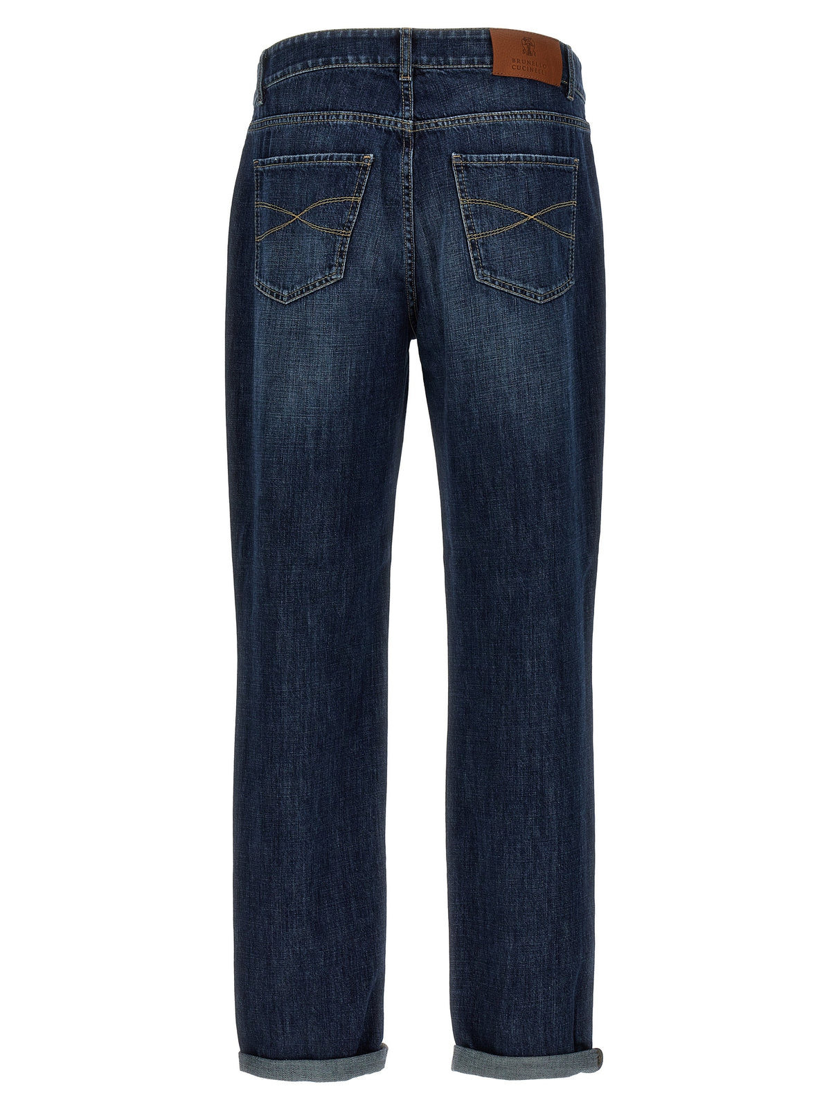 Jeans by Brunello Cucinelli for men in cotton denim blue presents a tailored silhouette, showcasing a tailored straight-leg and long cut with a refined for a truly tailored aesthetic.