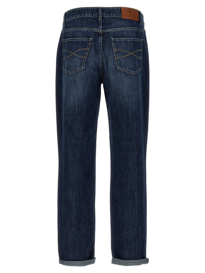 Jeans by Brunello Cucinelli for men in cotton denim blue presents a tailored silhouette, showcasing a tailored straight-leg and long cut with a refined for a truly tailored aesthetic.