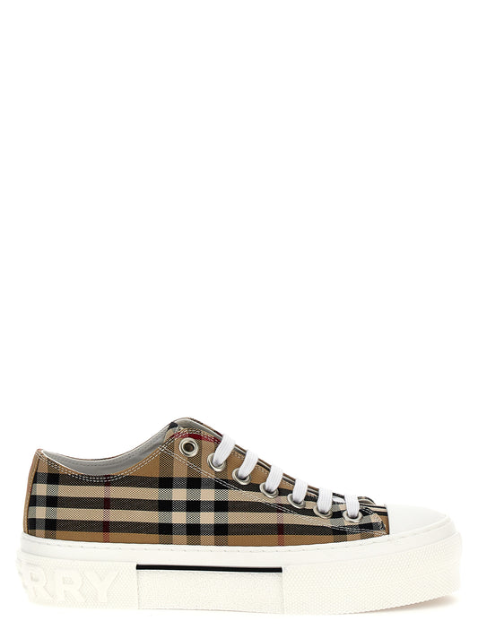 Sneakers by Burberry for women in calf leather & cotton canvas beige, patterned, signature & print features an fashionable silhouette, showcasing the premium Women's Low Top Calf Leather & Cotton Canvas Sneakers in a fashionable low-top style that offers a fashionable finish for refined style.