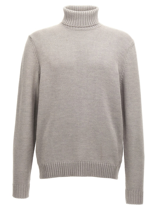 Cardigan by ZANONE for men in virgin wool gray features a dramatic silhouette, showcasing a sophisticated turtle high-neck neckline and dramatic long-sleeve detail for a timeless, premium look.