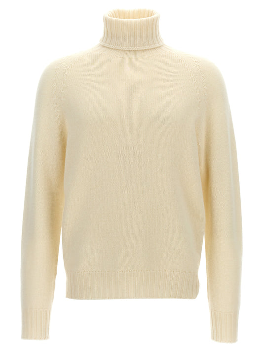 Cardigan by MA'RY'YA for men in cashmere silk & modacrylic white features a dramatic silhouette, showcasing a sophisticated turtle neckline and dramatic detail for a timeless, premium look.