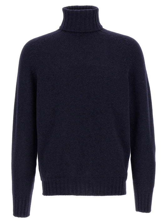 Cardigan by MA'RY'YA for men in cashmere silk & modacrylic blue features a dramatic silhouette, showcasing a sophisticated turtle neckline and dramatic detail for a timeless, premium look.