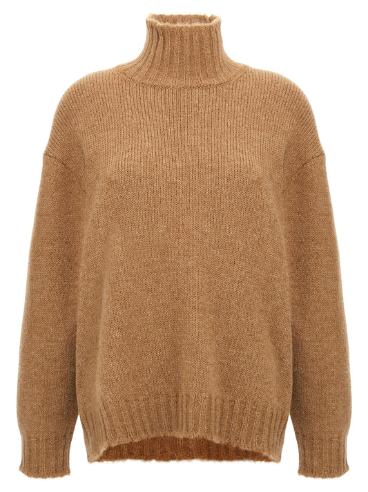 Cardigan by Jil Sander for women in virgin alpaca wool beige showcases a captivating silhouette, artfully detailed with a captivating and turtle neckline for a truly sophisticated captivating look.