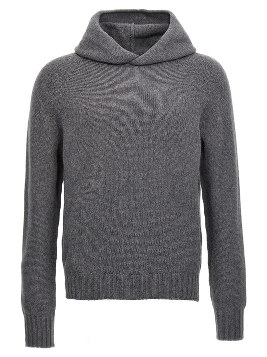Hooded Cardigan by MA'RY'YA for men in cashmere silk & modacrylic gray features a dramatic silhouette, showcasing a sophisticated hooded neckline and dramatic detail for a timeless, premium look.