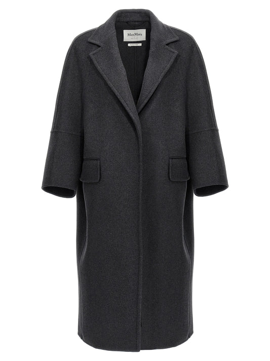 Overcoat by Max Mara for women in cashmere virgin wool gray showcases a enveloping silhouette, detailed with distinctive and a enveloping lapel neckline.
