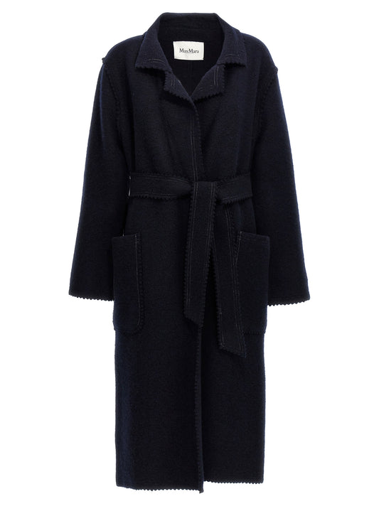 Overcoat by Max Mara for women in cashmere blue features an voluminous silhouette, showcasing distinct and a voluminous split lapel neckline for a truly voluminous aesthetic.