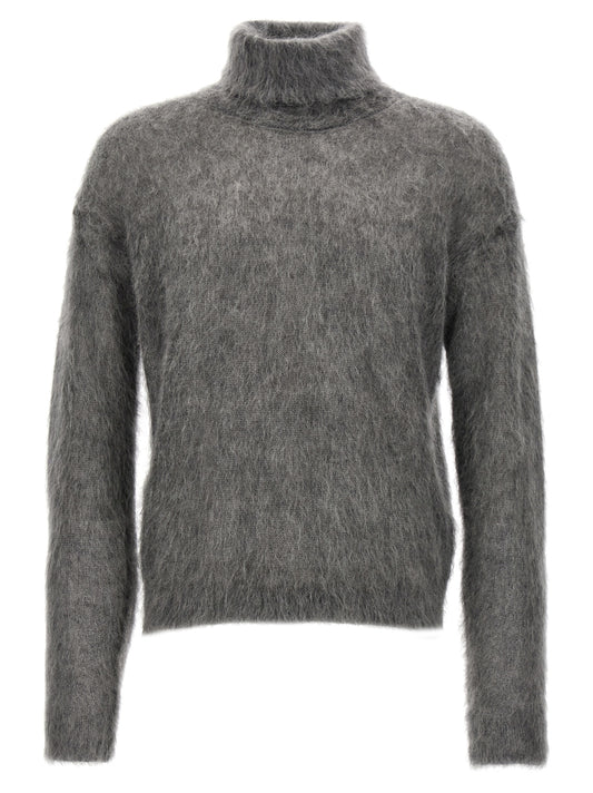 Cardigan by Saint Laurent for men in mohair wool & polyamide gray showcases a captivating silhouette, artfully detailed with a captivating long-sleeve and turtle high-neck neckline for a truly sophisticated captivating look.