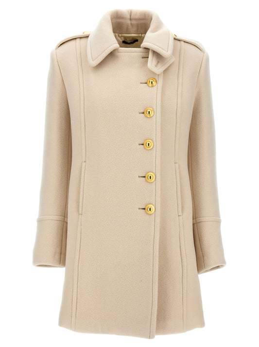 Overcoat by Tom Ford for women in cashmere white showcases a enveloping silhouette, detailed with distinctive pockets and a enveloping split single-breasted neckline.