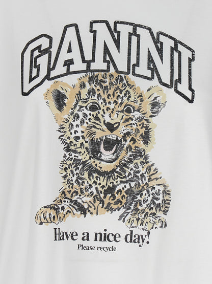 T-Shirt by Ganni for women in organic cotton white, leopard-print & print showcases a chic silhouette, artfully detailed with a chic and for a chic finish.