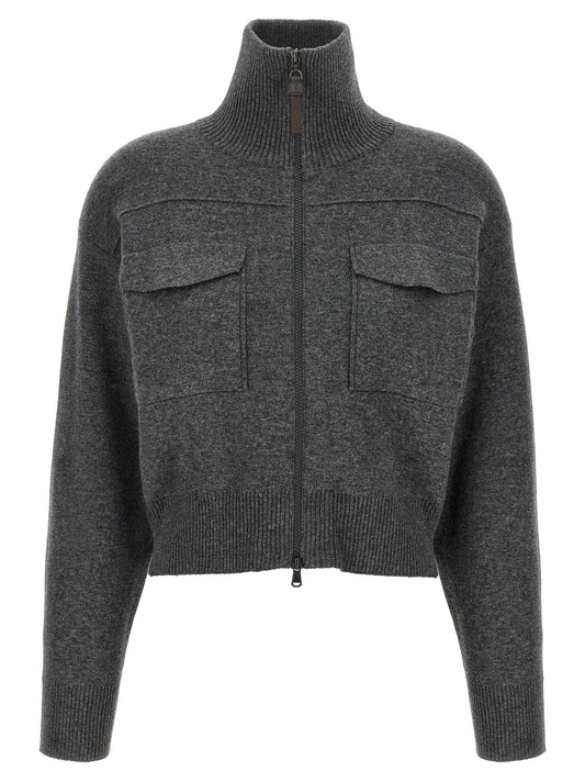 Cardigan by Brunello Cucinelli for women in polyamide & cashmere gray showcases a captivating silhouette, artfully detailed with a captivating long-sleeve and high-neck neckline for a truly sophisticated captivating look.