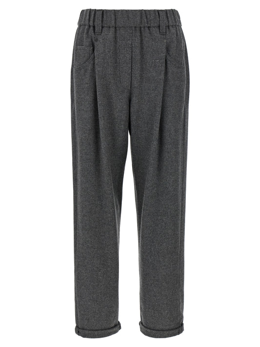 Trousers by Brunello Cucinelli for women in cashmere virgin wool gray presents a smart silhouette, meticulously detailed with a smart wide, a smart long, and a smart .