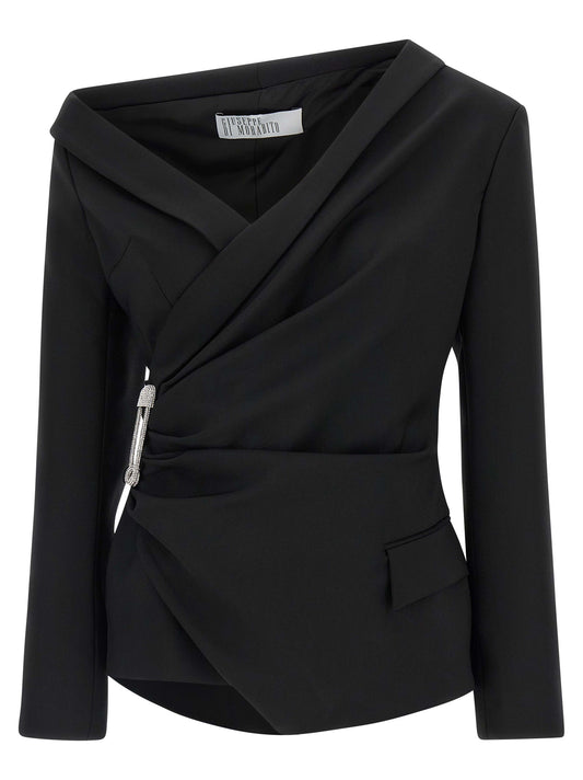 Blazer by Giuseppe Di Morabito for women in virgin wool black features an crisp silhouette with sophisticated and a crisp asymmetric neckline for a truly crisp finish.