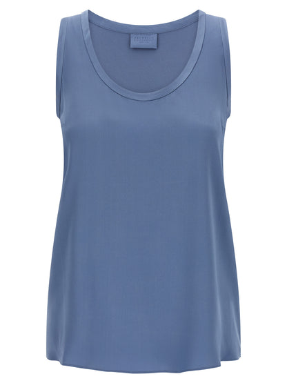 Brunello Cucinelli Blue Silk Sleeveles T-Shirt