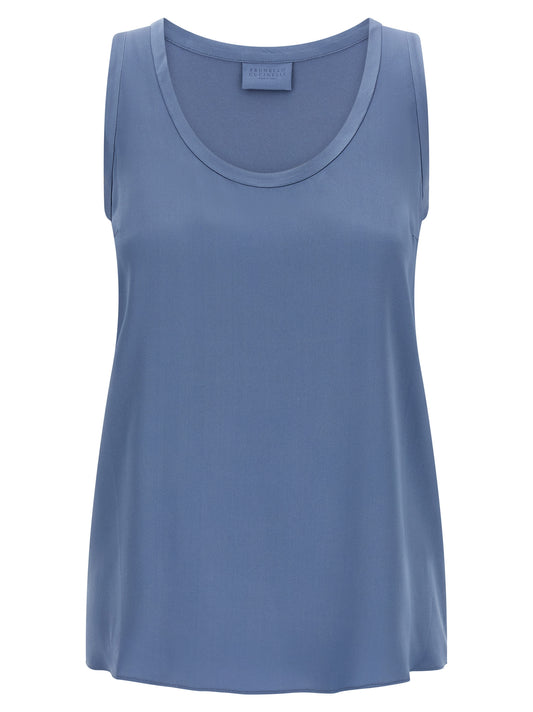 T-Shirt by Brunello Cucinelli for women in silk satin blue showcases a chic silhouette, artfully detailed with a chic round neckline and sleeveless for a chic finish.