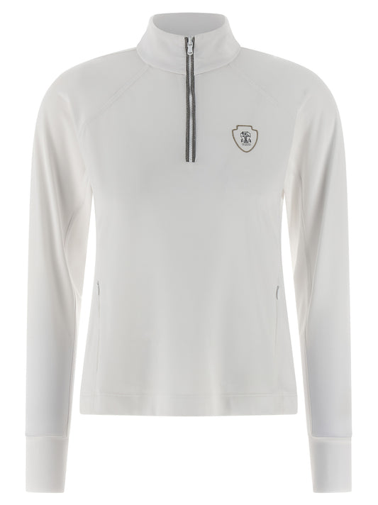 Cardigan by Brunello Cucinelli for women in stretch polyamide polyester white features an impeccable silhouette, showcasing a sophisticated high-neck neckline and long-sleeve detail for a truly impeccable finish.