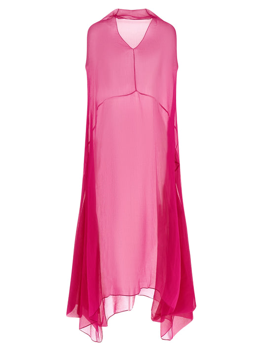 Dress by Dries Van Noten for women in silk fuchsia & transparent showcases a striking silhouette, elegantly detailed with a sleeveless, refined , and a striking midi for a striking finish.