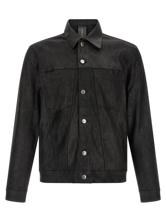 Jacket by GIORGIO BRATO for men in denim & lamb leather black presents a impeccable silhouette, showcasing distinct pockets and a impeccable shirt-collar neckline for a sophisticated finish.