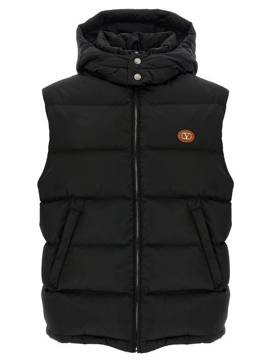 Hooded Vest by Valentino Garavani for men in polyamide black & signature showcases a dynamic silhouette, perfectly balancing hooded & insulated with a dynamic hooded high-neck neckline for a sophisticated, high-fashion look.