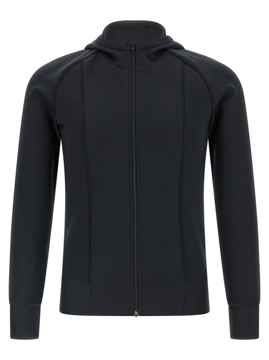 Sweatshirt Hoodie by Valentino Garavani for men in stretch polyester black & signature features an luminous silhouette, showcasing a sophisticated hooded high-neck neckline and for a truly luminous look.