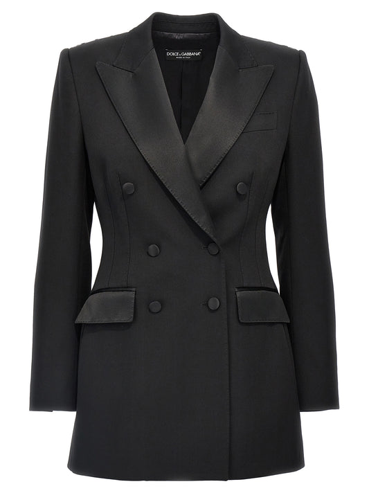 Blazer by Dolce & Gabbana for women in polyester silk & virgin wool black features an stylish silhouette, showcasing a sophisticated split neckline and stylish for a truly stylish finish.