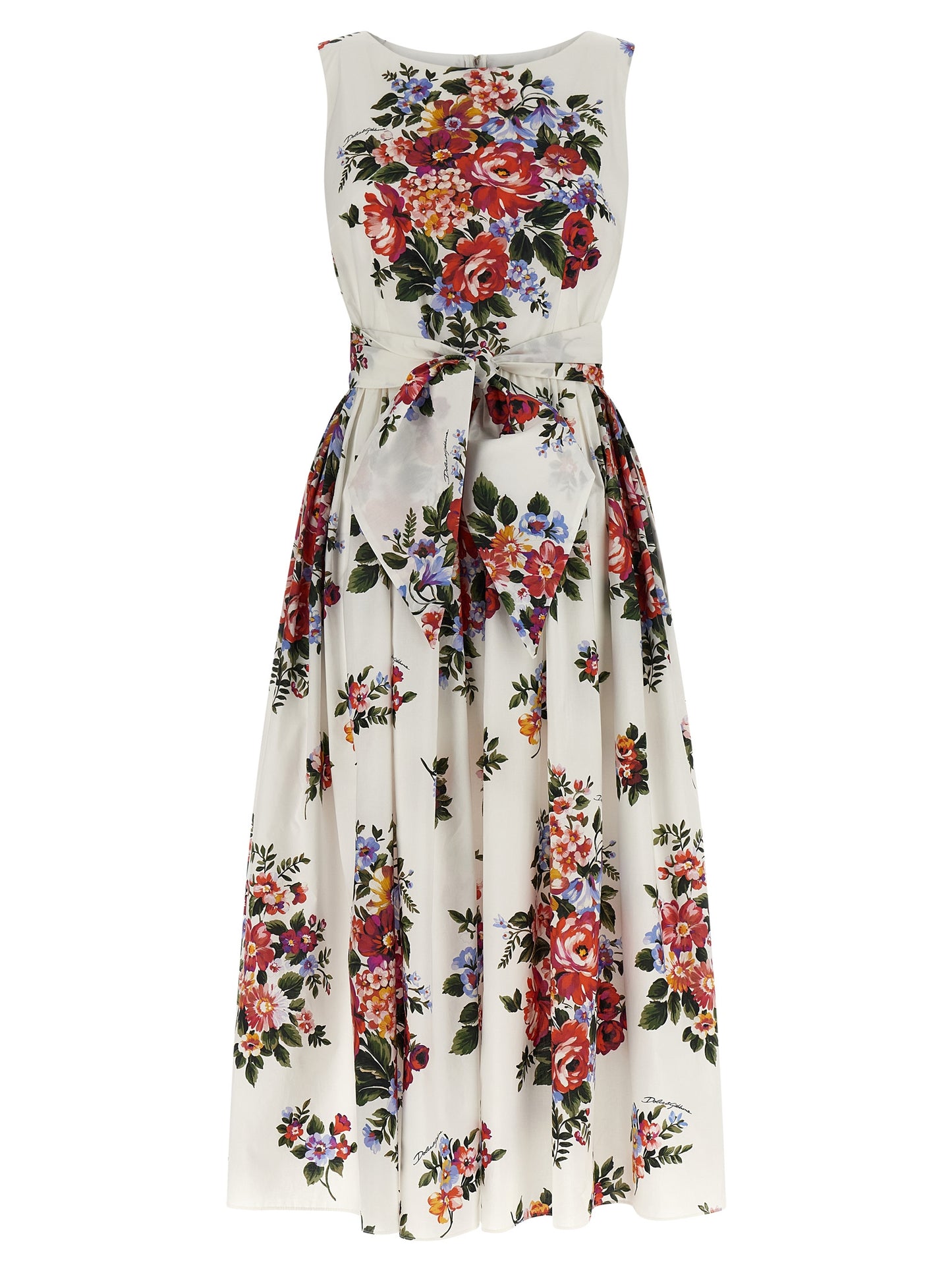 Dress by Dolce & Gabbana for women in cotton white & print features an sultry silhouette defined by a boat neckline and sleeveless, falling to an sultry midi for a sultry look.