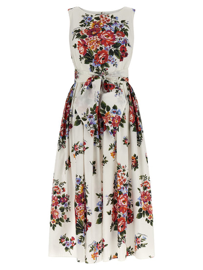Dress by Dolce & Gabbana for women in cotton white & print features an sultry silhouette defined by a boat neckline and sleeveless, falling to an sultry midi for a sultry look.