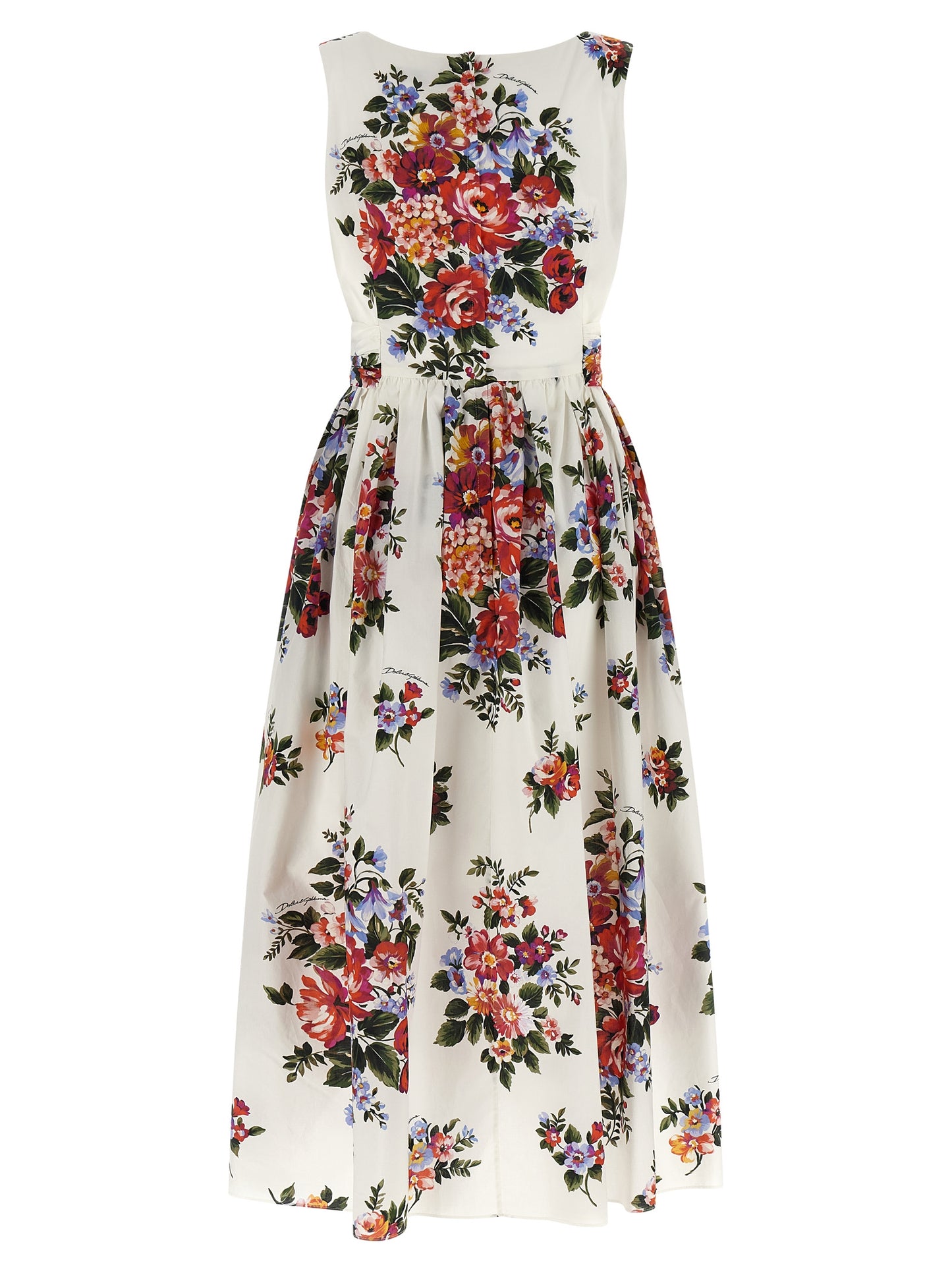 Dress by Dolce & Gabbana for women in cotton white & print presents a sinuous silhouette, showcasing a sophisticated boat neckline and detailed with a sinuous midi for a refined finish.