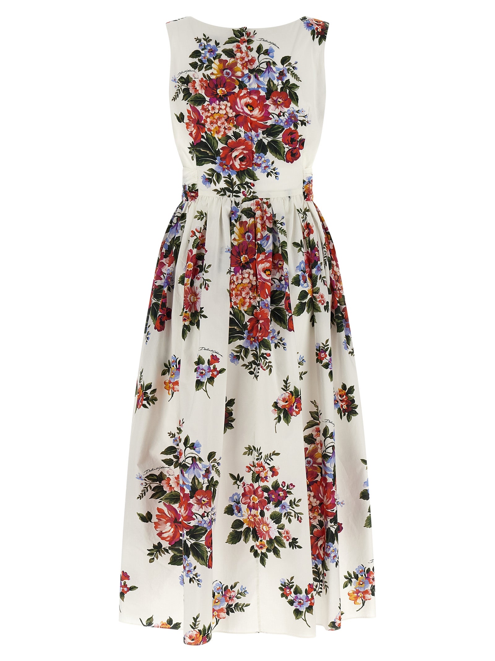 Dress by Dolce & Gabbana for women in cotton white & print presents a sinuous silhouette, showcasing a sophisticated boat neckline and detailed with a sinuous midi for a refined finish.
