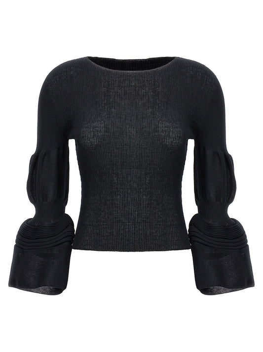 Sweatshirt by Issey Miyake for women in ramie & polyester black features an provocated silhouette, detailed with a provocated and a refined for a sophisticated aesthetic.