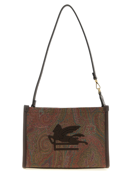 Shoulder Clutch Handbag by Etro for women in leather & poly cotton multicolor, paisley & jacquard showcases a sculptural silhouette, featuring a secure zipper, ample , and versatile shoulder-strap & adjustable-strap for a sculptural aesthetic.
