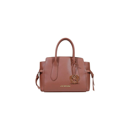 Large Handbag by Love Moschino for women in polyethylene & polyurethane brown, gold & monogram features a signature silhouette, showcasing a secure buckle and signature with versatile handle for a sophisticated look.
