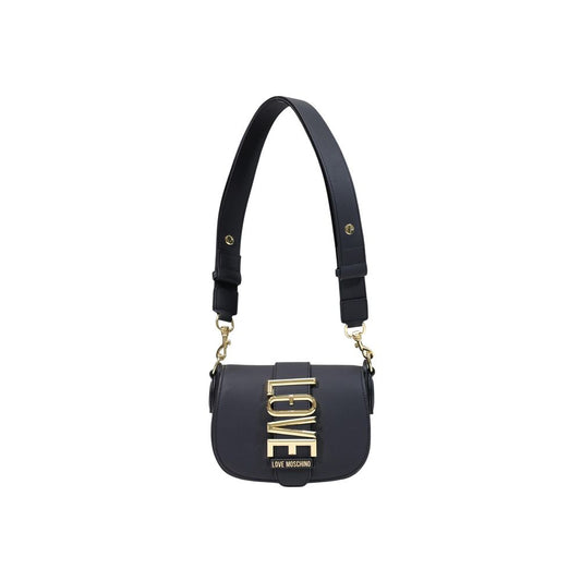 Medium Crossbody Flap Handbag by Love Moschino for women in polyethylene & polyurethane black & gold presents a ornamental silhouette, showcasing a secure flap, ample , and versatile crossbody-strap & adjustable-strap for a ornamental finish.