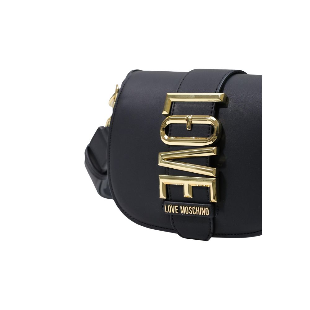 Medium Crossbody Flap Handbag by Love Moschino for women in polyethylene & polyurethane black & gold features a signature silhouette, showcasing a secure flap and signature with versatile crossbody-strap & adjustable-strap for a sophisticated look.