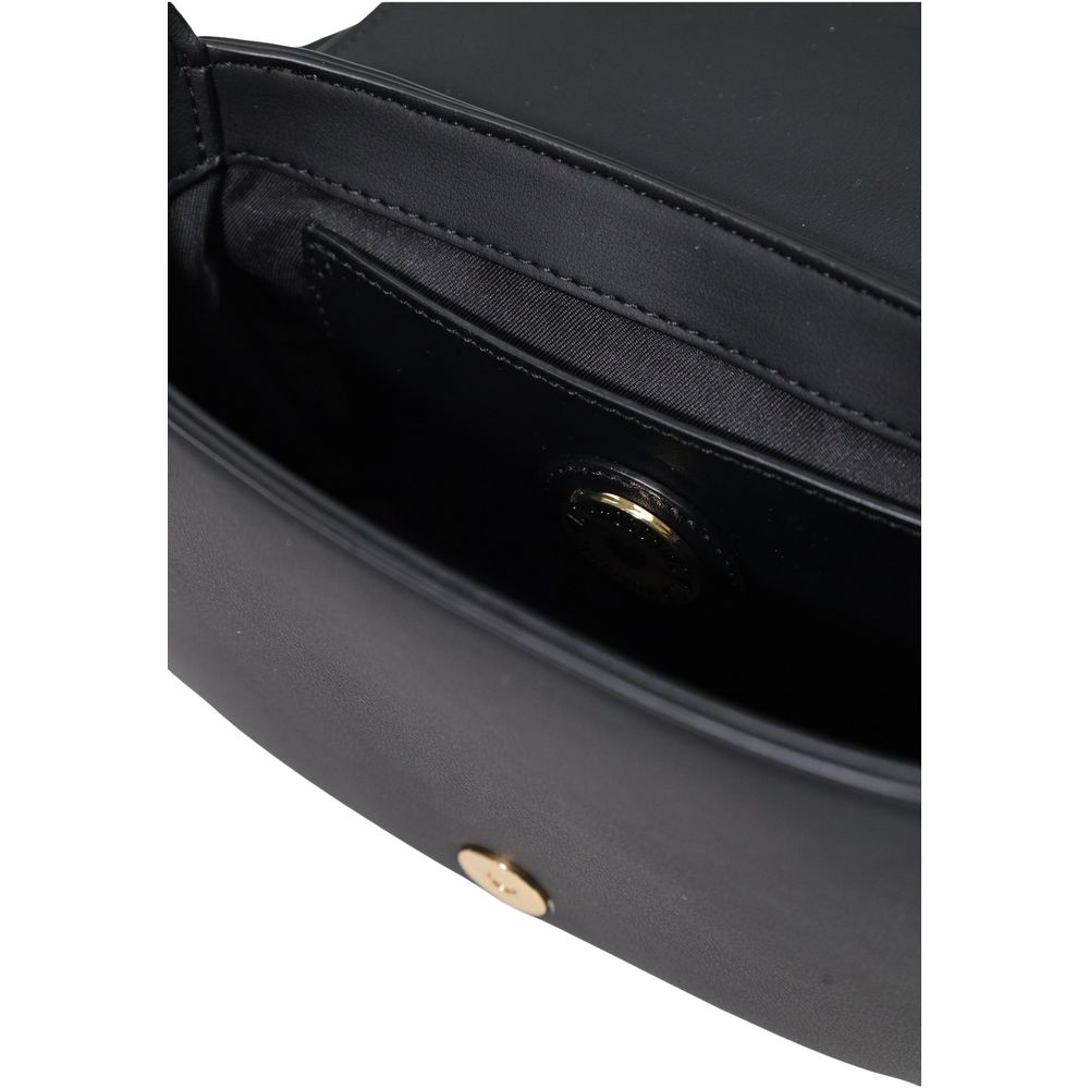 Medium Crossbody Flap Handbag by Love Moschino for women in polyethylene & polyurethane black & gold features an refined silhouette, showcasing a secure flap, ample , and versatile crossbody-strap & adjustable-strap for a sophisticated refined aesthetic.