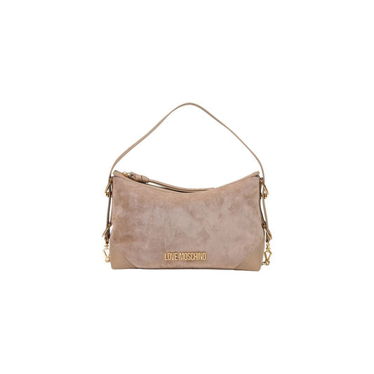 Medium Handbag by Love Moschino for women in polyester & polyurethane beige & gold features a signature silhouette, showcasing a secure zipper and signature with versatile shoulder-strap, adjustable-strap & detachable-strap for a sophisticated look.