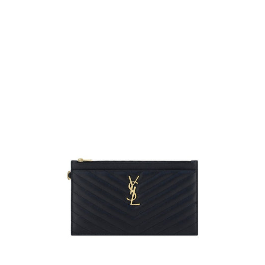 Quilted Clutch Handbag by Saint Laurent for women in bos taurus calf leather black, gold & signature showcases a sculptural silhouette, featuring a secure zipper, ample , and versatile for a sculptural finish.