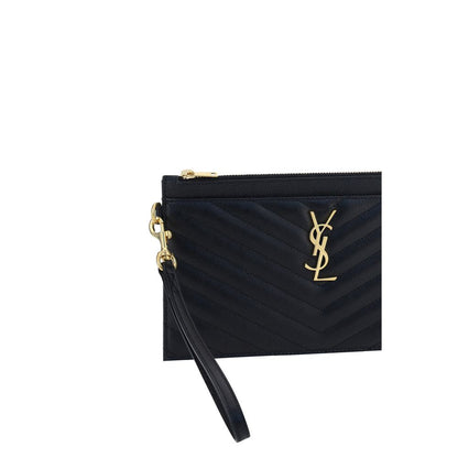 Quilted Clutch Handbag by Saint Laurent for women in bos taurus calf leather black, gold & signature showcases a sculptural silhouette, featuring a secure zipper, ample , and versatile for a sculptural aesthetic.