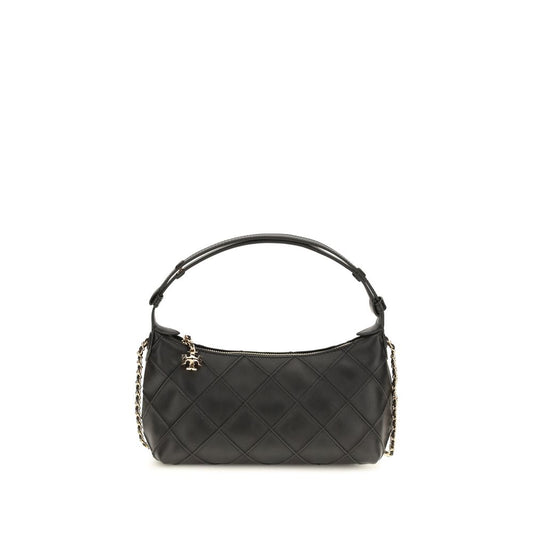 Clutch Handbag by Tory Burch for women in nappa leather black & signature showcases a sculptural silhouette, featuring a secure zipper, ample cardholder, and versatile adjustable-strap & handle for a sculptural aesthetic.