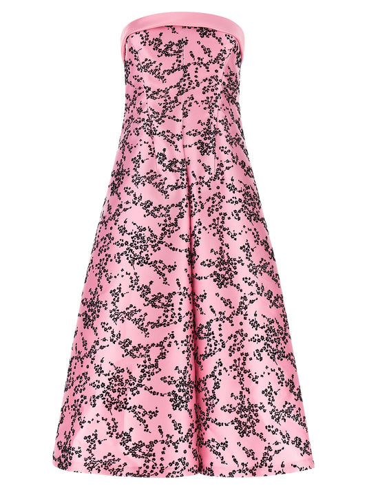 Dress by Alberta Ferretti for women in polyester & silk multicolor, pink & floral showcases a striking silhouette, elegantly detailed with a strapless, refined strapless neckline, and a striking midi for a striking finish.