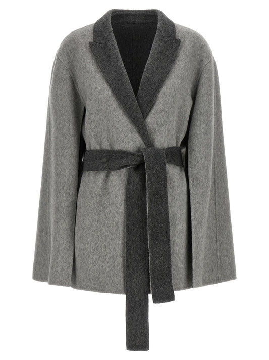 Cardigan by Alberta Ferretti for women in wool gray, light-grey & signature showcases a captivating silhouette, artfully detailed with a captivating and split neckline for a truly sophisticated captivating look.