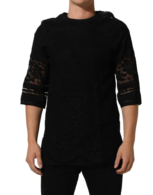 Dolce & Gabbana Men's Crew Neck Nylon Cotton Lace T-Shirt - Black Floral