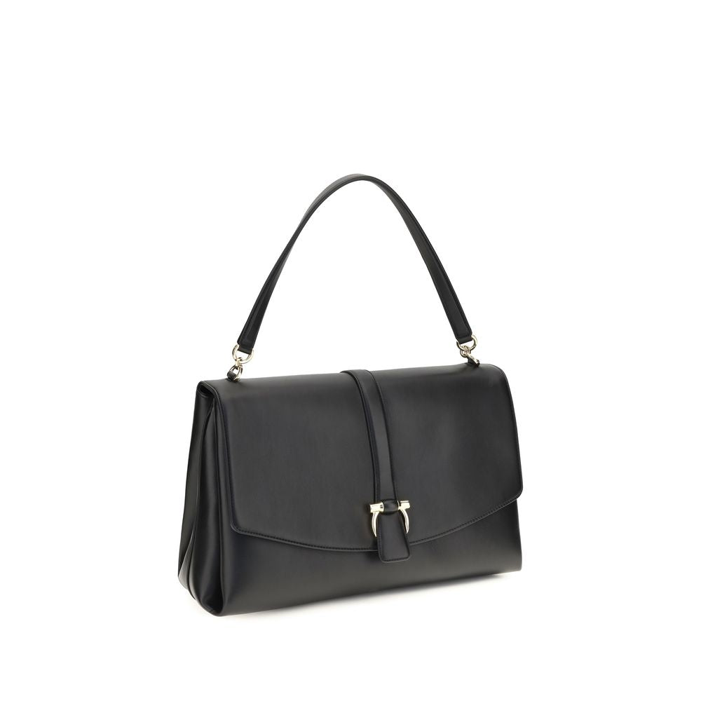 Large Shoulder Flap Clutch Bag by Ferragamo for women in bos taurus calf leather black features a statuesque silhouette, showcasing a secure flap and statuesque with versatile shoulder-strap & handle for a statuesque finish.