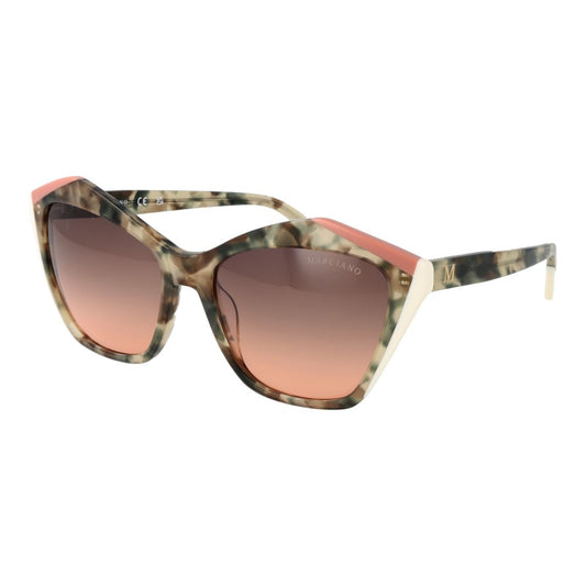 This Sunglasses by Marciano by Guess for women in acetate green presents a sumptuous silhouette, showcasing a sumptuous butterfly full-rim frame design in olive coloured frame and high-performance gradient category-2-medium-tint lens.