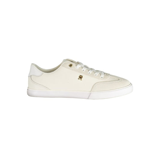 Athletic Sneakers by Tommy Hilfiger for women in polyester polyurethane leather white, signature & print features an architectural silhouette, showcasing the premium athletic style of the Women's Athletic Polyester Polyurethane Leather Sneakers with an architectural finish.