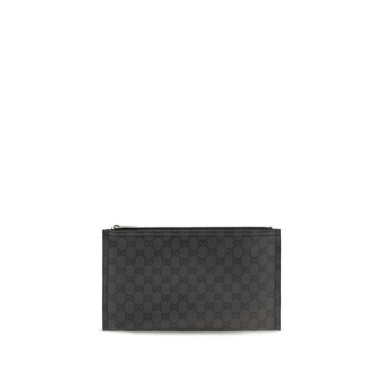 Large Pouch Clutch Handbag by Gucci for unisex in cotton polyester canvas black & silver features an sculptural silhouette, showcasing a secure zipper and sculptural cardholder with versatile for a sophisticated look.